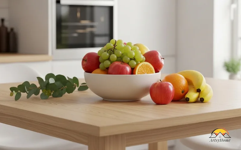 Minimal kitchen table with ceramic bowl filled with fresh seasonal fruit.