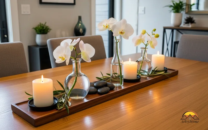 Low dining table centerpiece allowing conversation, balanced decor, modern dining room.