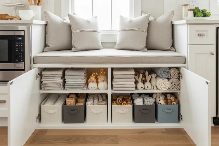 Open banquette storage showing organized fabric bins, table linens, seasonal decorations, toys, blankets, neutral upholstered cushions.