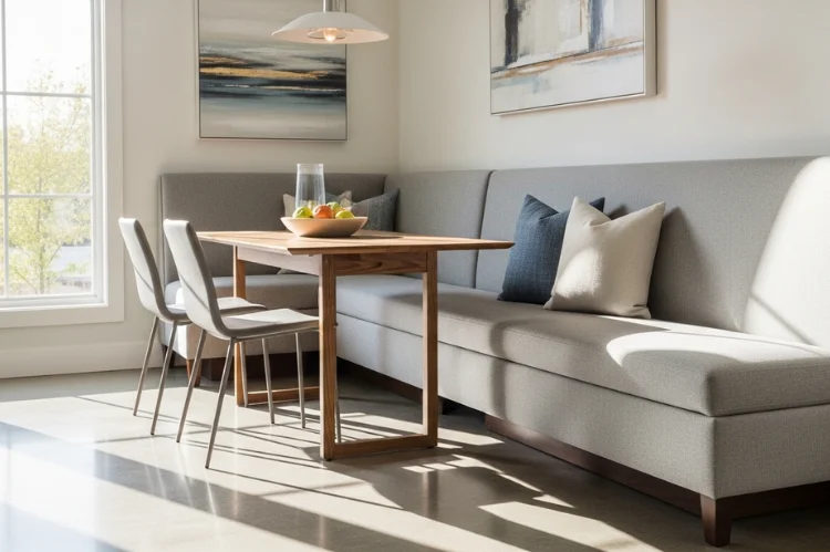 Modern upholstered banquette bench along a dining wall, cushioned seats and backrests, a small wooden table in front.