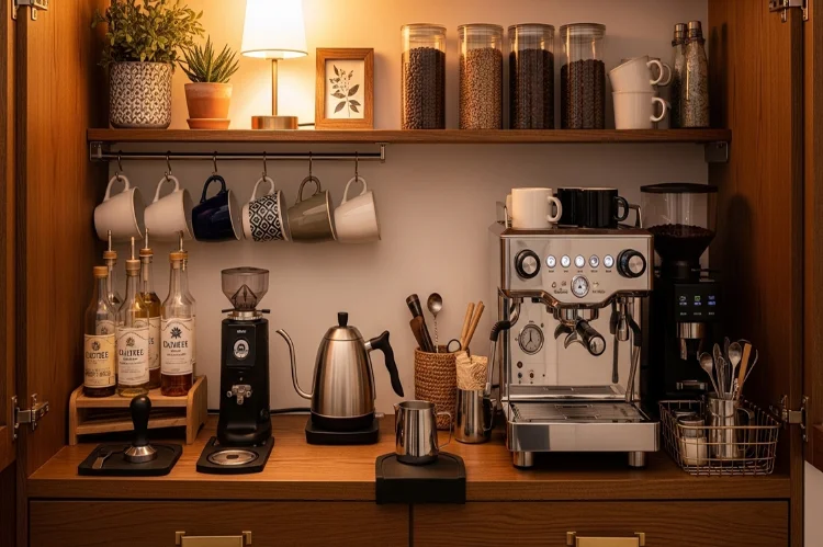 A fully stocked home coffee bar cabinet showing coffee machine, grinder organized and inviting setup