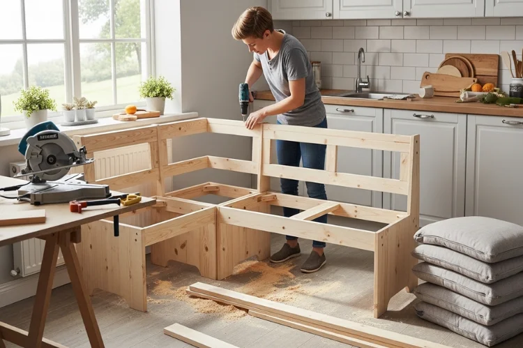 Homeowner assembling a straight banquette bench DIY style, using basic tools like circular saw and drill, neutral cushions.