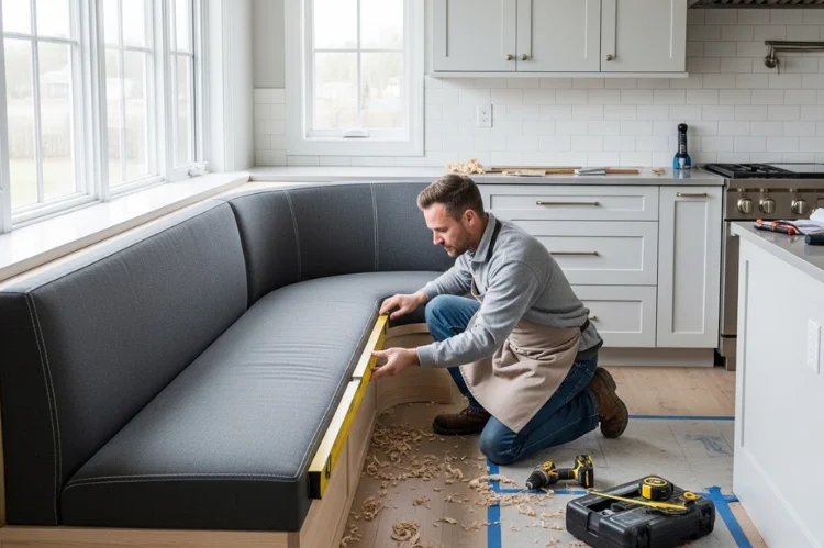 Professional carpenter installing a custom curved banquette bench, ensuring precise fitting, modern kitchen interior.
