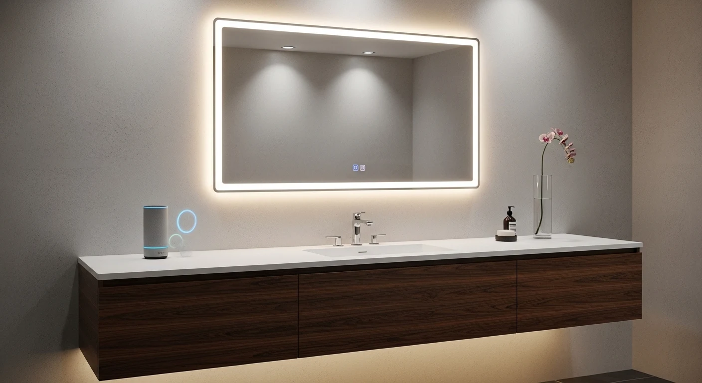 Modern bathroom vanity with smart LED mirror lighting controlled by voice assistant device on countertop, soft glow light
