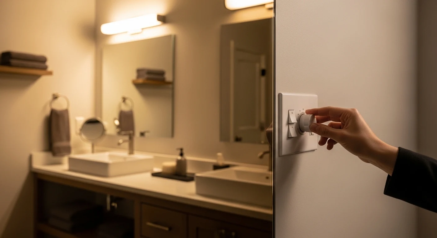 Bathroom vanity lighting gradually dimming from bright task lighting to soft evening ambiance, hand adjusting dimmer switch