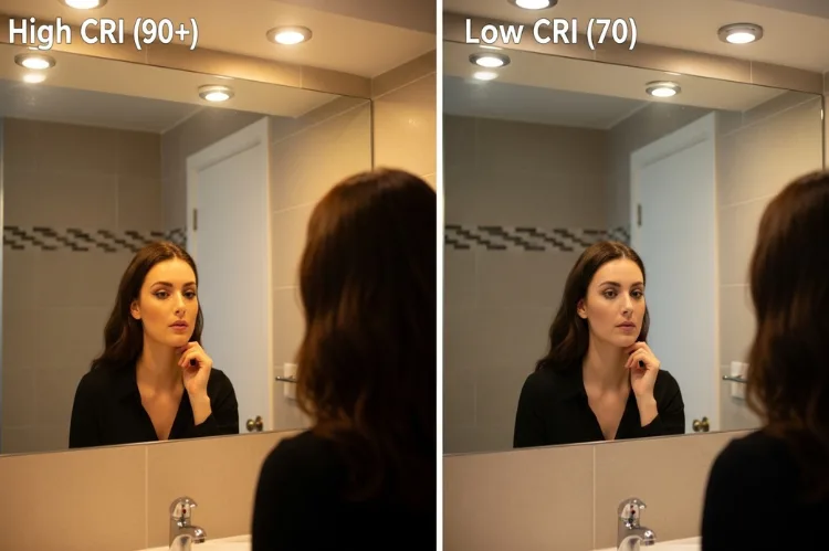 Side-by-side comparison of high CRI (90+) vs low CRI (70) bathroom lighting, accurate vibrant skin tone vs dull washed-out appearance, makeup color difference visible