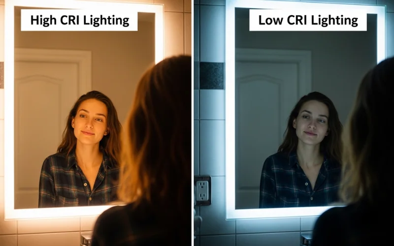 High CRI vs low CRI bathroom mirror lighting comparison, natural vs washed out skin tone.