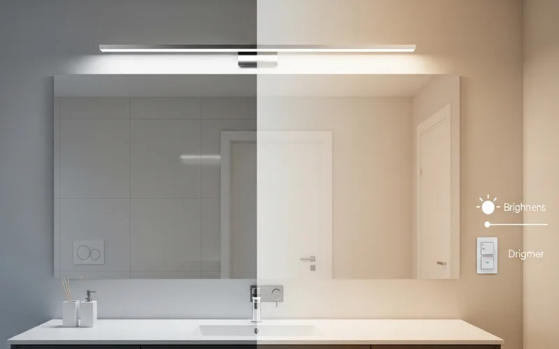 Bathroom vanity lighting with dimmer switch showing bright to soft transition.