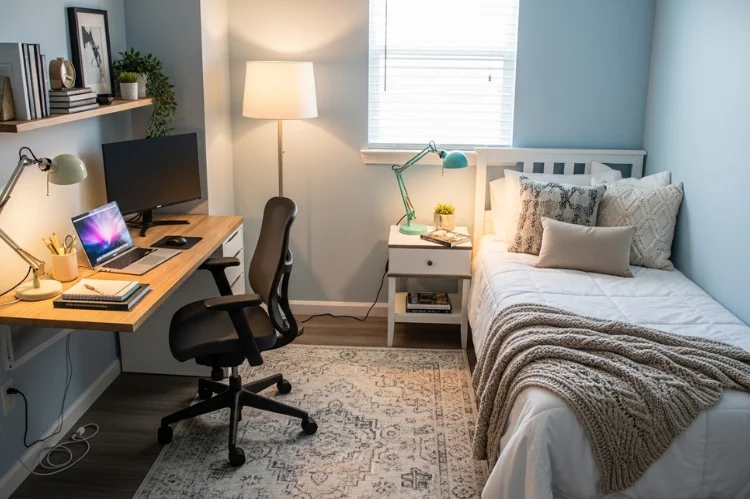 A small spare bedroom transformed into a dual-purpose home office and guest room, desk setup on one side and guest bed on the other.