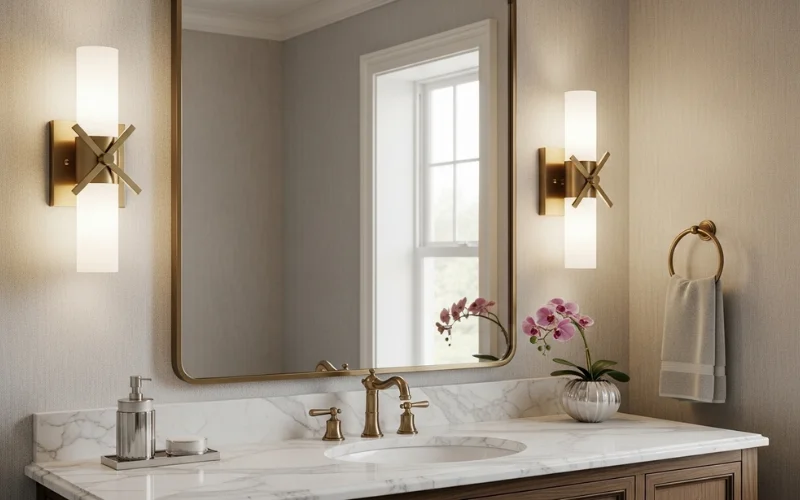 Modern bathroom vanity with frosted glass multi-light vanity bar mounted above mirror.