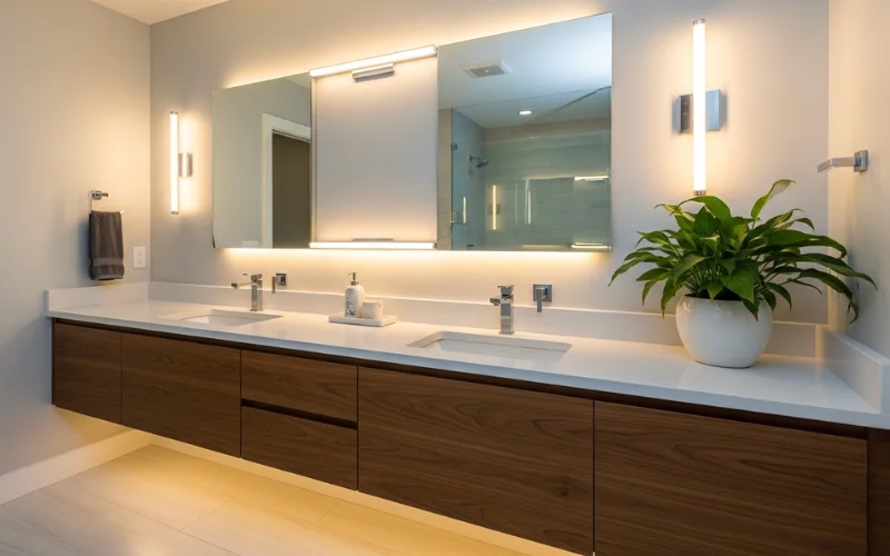 Modern bathroom with updated vanity lighting increasing home value feel.