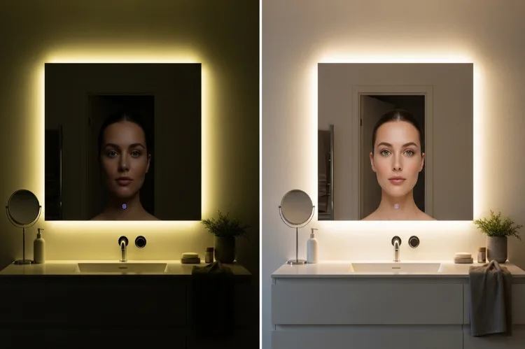 Before and after bathroom vanity lighting comparison, harsh overhead shadows vs soft flattering vanity lights