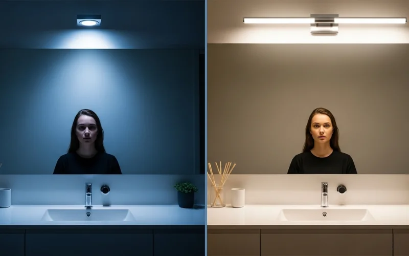 Split-scene comparison of bathroom vanity lighting, left side showing harsh single overhead light creating.