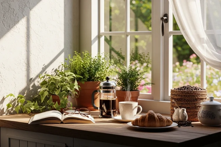 A cozy coffee station placed under a window alcove, natural sunlight, plants, calm morning coffee ritual atmosphere.