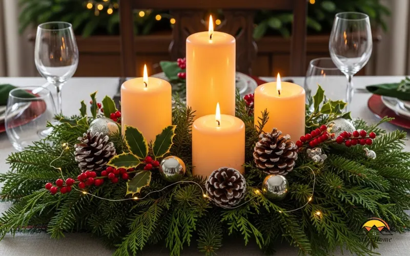 Winter holiday dining table centerpiece with candles and greenery.
