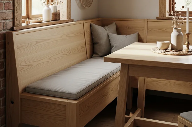 Classic wooden banquette bench with clean lines, minimal cushions, farmhouse or Scandinavian style dining table.
