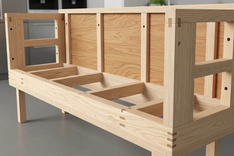 the internal wood frame of a banquette, showing solid poplar and birch plywood, realistic textures and finishes.
