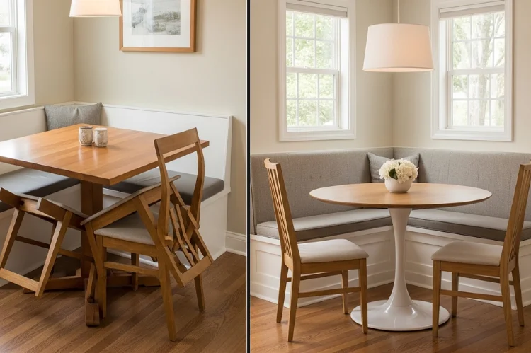 A tight dining corner with a four-legged table making entry and exit difficult, chairs and legs clashing with the banquette.