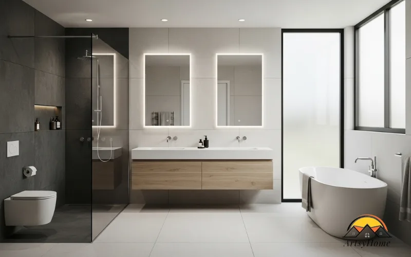 Professional bathroom layout showing dry and wet zones, shower and bathtub separated from vanity and toilet.