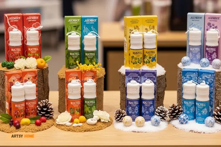 Variety of seasonal themed air fresheners like floral and winter pine, colorful, creative arrangement.