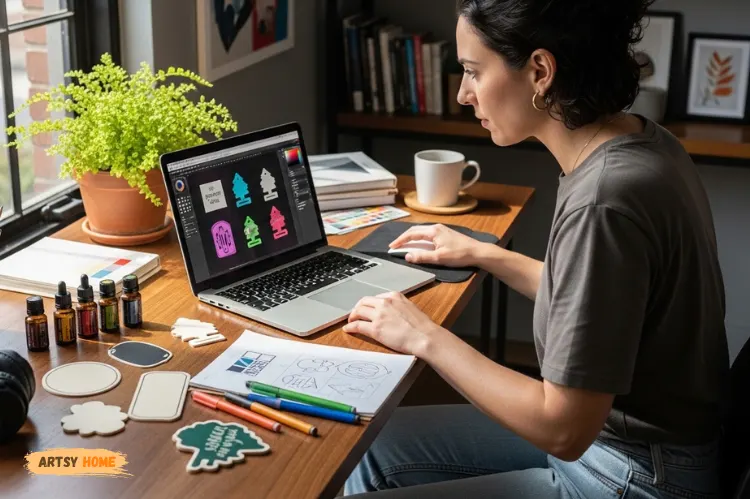 Person designing custom air freshener on laptop, creative workspace, modern setup.