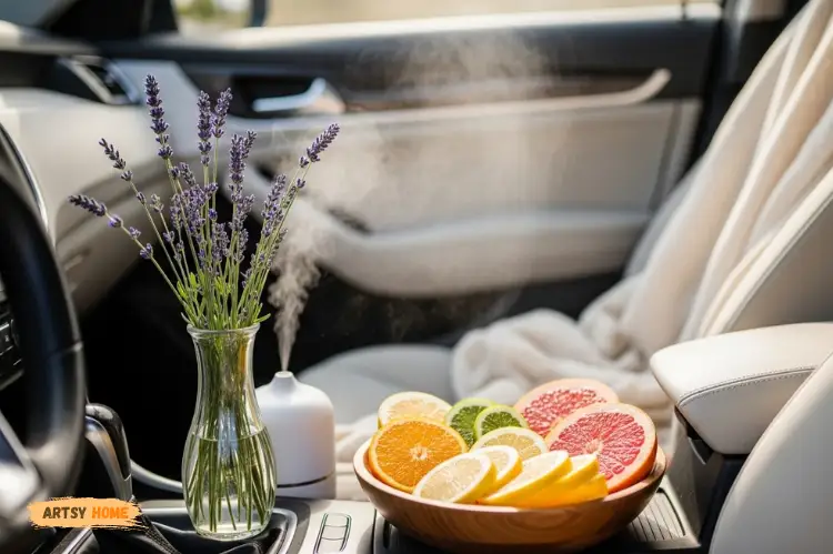 Car interior with calming elements like lavender, citrus fruit, soft light, relaxing environment.