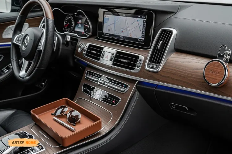 Stylish car dashboard with matching accessories and air freshener, modern interior design.