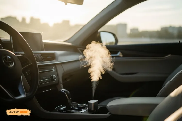 Minimal scene showing scent in car interior, calm atmosphere, soft blur effect, relaxing mood.x