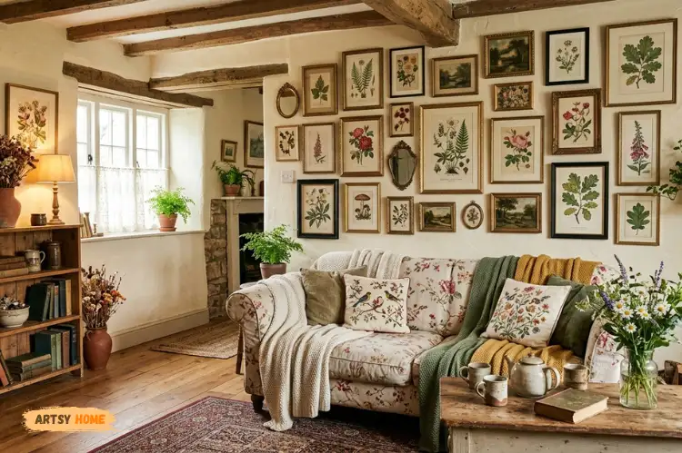 Botanical wall art and vintage gallery wall in cottagecore living room.
