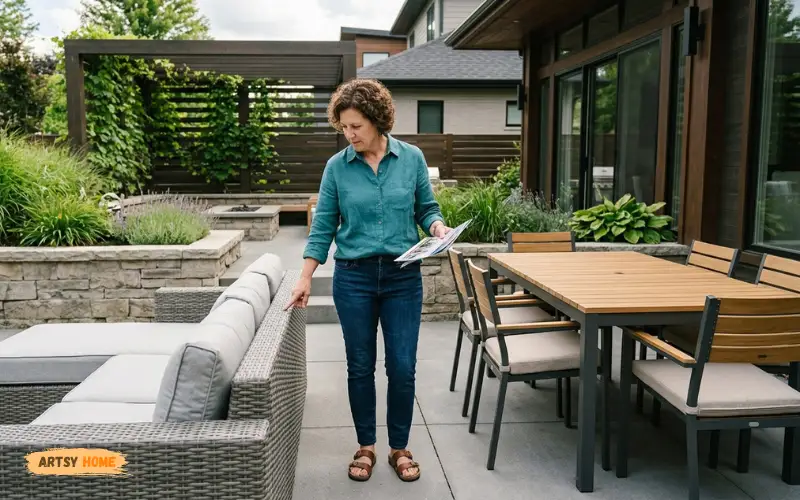 Woman comparing outdoor furniture materials and patio sets in modern backyard.