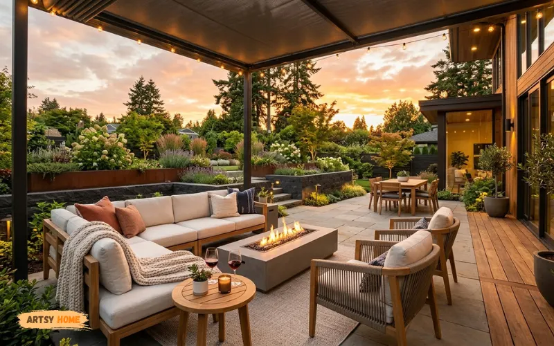 Luxury outdoor patio with stylish weather-resistant furniture, cozy backyard seating, modern garden design, golden sunset.