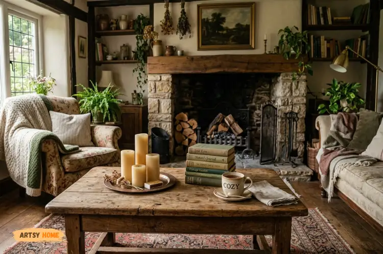 Rustic wooden coffee table with candles and books, cottagecore living room.