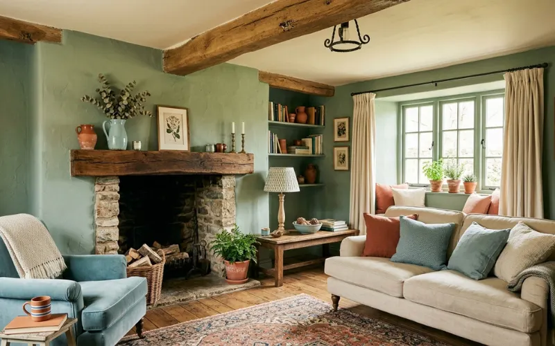 Sage green walls, duck egg blue accents, terracotta decor, warm cream interior, natural wood beams, cozy cottage palette