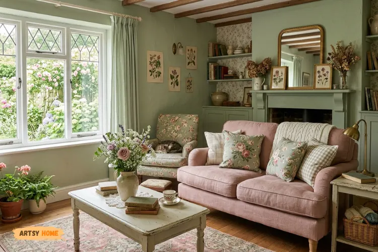 Sage green and dusty rose cottagecore living room palette, soft pastel walls, floral decor.