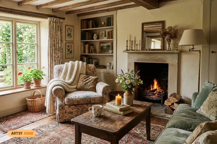 Vintage cottagecore furniture, floral armchair, wooden coffee table, cozy layered living room.