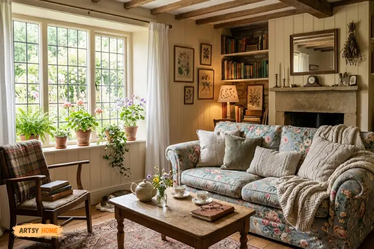 Cozy cottagecore living room with floral sofa, warm sunlight, vintage decor, plants, books.