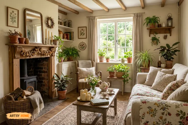 Simple cottagecore living room makeover with plants, floral decor, candles, wicker basket, cozy style.