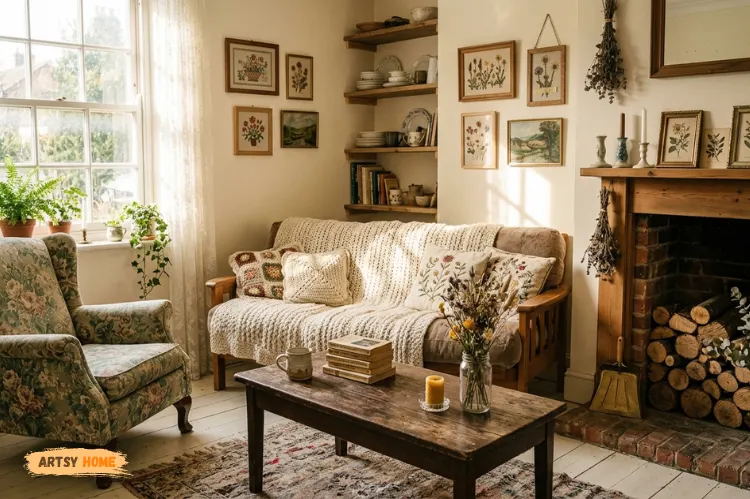 Affordable cottagecore living room decor, thrifted furniture, handmade details.
