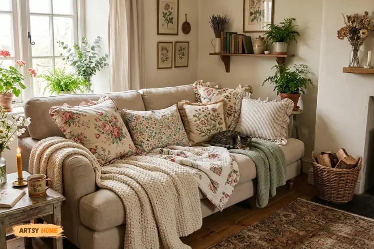 Layered cottagecore textiles, floral cushions, chunky knit throws, linen sofa, cozy warm living room.