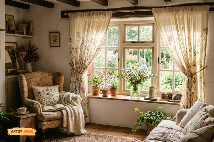 Soft linen cottagecore curtains with sunlight, floral window decor, dreamy cozy living room.