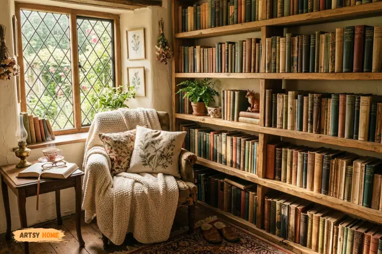 Old vintage books stacked on wooden shelves, cozy cottagecore reading corner.