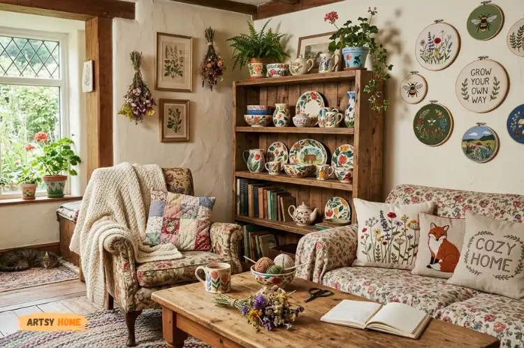 Handmade embroidery, painted pottery, DIY cottagecore decor, cozy artistic living room.