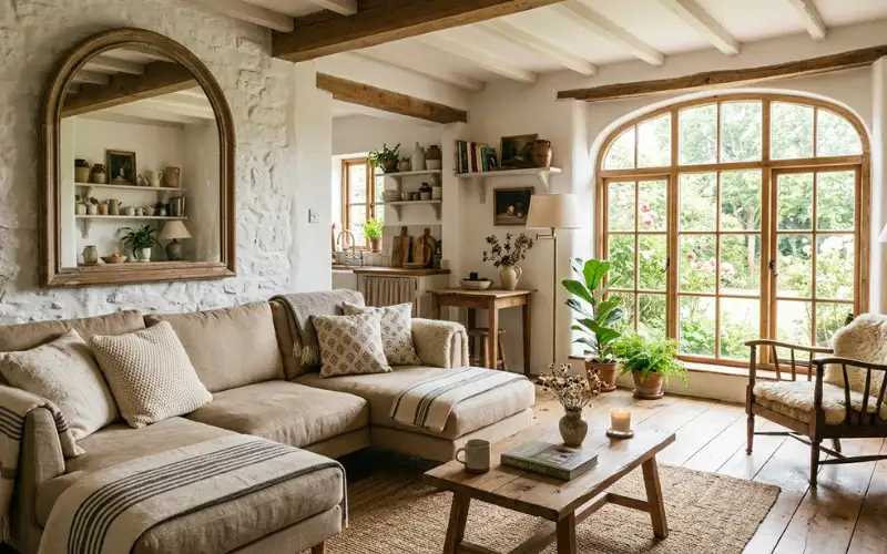 Small cottage living room with low-profile sofa, large arched mirror, natural sunlight, open layout, airy rustic interior