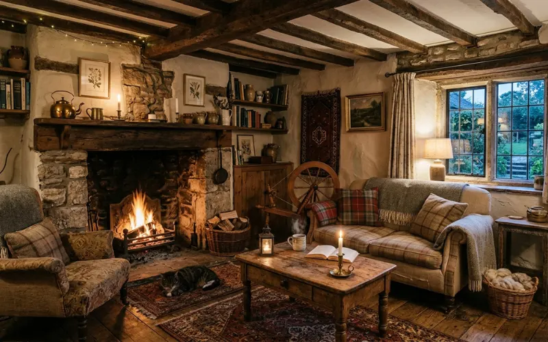 Tiny rustic cottage living room, low ceiling, exposed beams, textured walls, warm cozy atmosphere, natural materials, inviting countryside interior