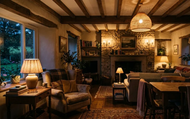 Warm cottage lighting, table lamps, brass wall sconces, woven pendant light, soft ambient glow, evening countryside interior