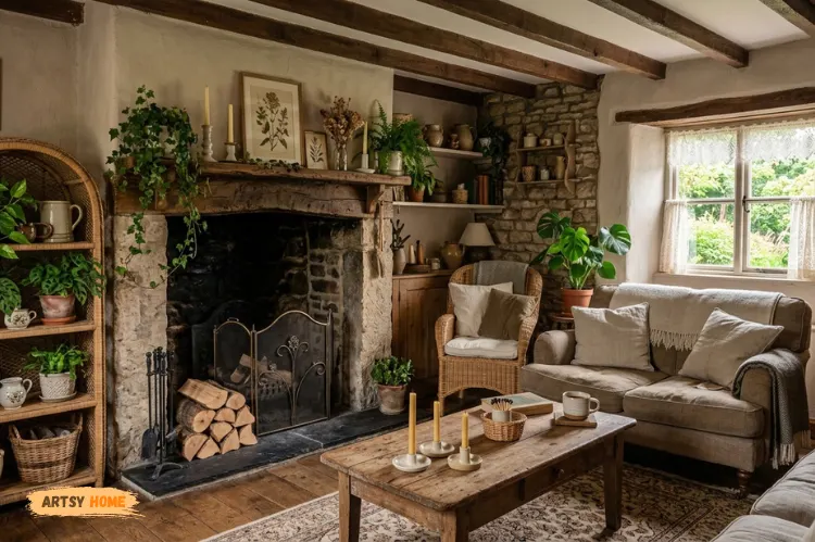 Wood, wicker, ceramic and stone cottagecore decor, cozy rustic living room with candles and plants.