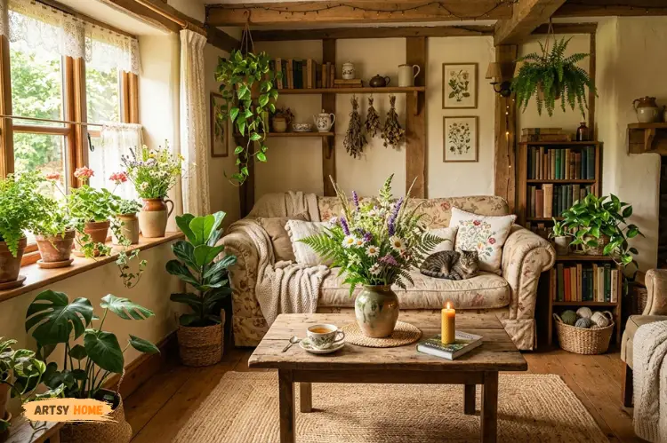 Nature-inspired cottagecore living room with indoor plants, wildflowers, wood decor.