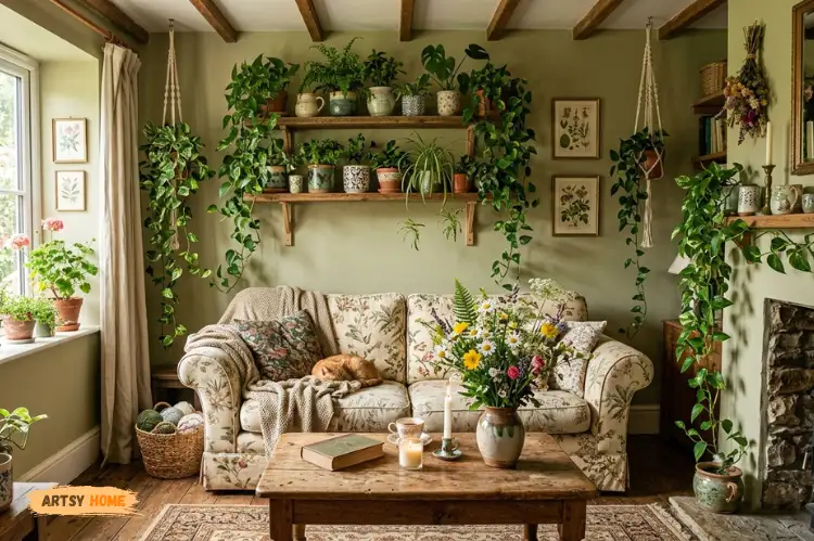 Trailing pothos plants, ceramic flower pots, wildflowers, cottagecore botanical living room.