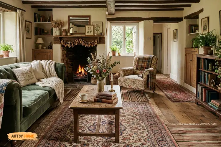 Vintage floral Persian rug in cottagecore living room, layered cozy rugs, warm rustic decor.