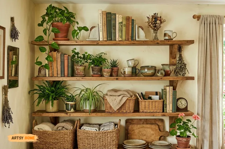 Open wooden shelves with plants, vintage books, ceramics, wicker baskets, cottagecore decor style.